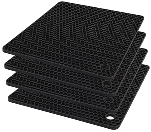 4 Stück Silikon Topflappen 18x18cm,Topfuntersetzer Hitzebeständig 200℃, rutschfest Verdickt 0,6cm für Töpfe/Teekannen/Schüsseln, Spülmaschinenfest Schwarz