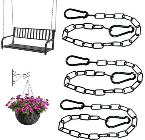 AVUELOI Stainless Steel Chains with Carabiner, Pack of 3, Stainless Steel Chain Link Chain, 3 mm Steel Chain Links for Fence Gates, Garden Gates, Cage Gates for Pets, Black, 23.6 Inches