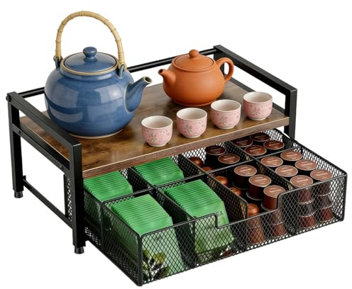 Guiwuiyu Tea Bag Storage, 2 Tier Wooden Coffee Station Organizer with Metal Drawer, Teabag Holder & Coffee Pod Storage for Countertop Kitchen Office Bar