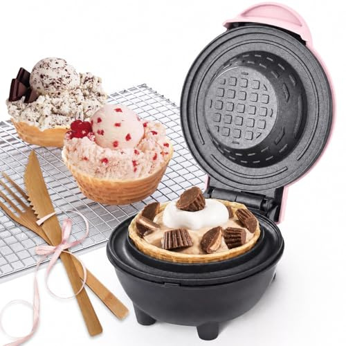 GVAKMM Rosa Mini Waffelschalen Maker mit Bambus-Gabel & Messer, 4 Zoll Kleiner Waffelbecher Maschine für Eisbecher, Tacos & Desserts, 350W Antihaft Waffeleisen, Kompaktes Geschenk für Kinder & Familie