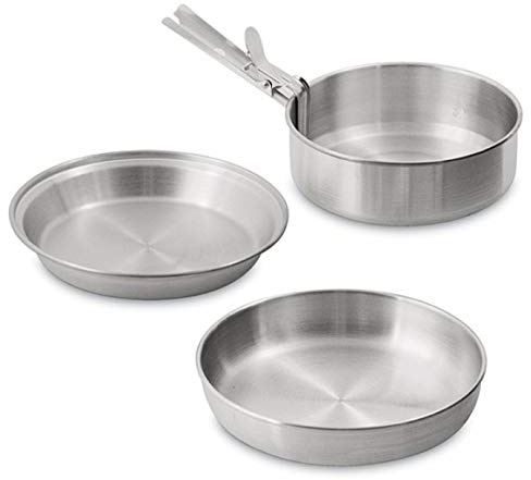 Norskskin Camping Kochset Topfset für Gas Spiritus Festbrennstoff Kocher Single Set 4-teilig aus Aluminium mit Topf Pfanne Teller und Griffzange