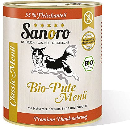 Sanoro Menü Classic Bio-Pute mit 55% Fleischanteil- Premium Hundefutter in Bio-Qualität - Bio-Pute mit Bio-Naturreis, Bio-Karotte, Bio-Birne und Bio-Zucchini - singleprotein (6 x 800g).