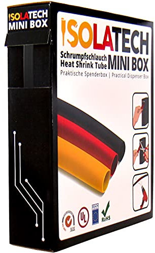 ISOLATECH tubo termorestringente 2:1 Mini Box senza adesivo nero Ø6,4mm 10 metri per auto cavo elettrico USB accessori resistente ai raggi UV rotolo non etichettato in pratica scatola dispenser