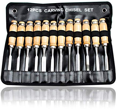 12 piezas de talla de madera Juego de cinceles, Profesional de Sharp de tratar madera formones Herramientas Torno Set, Arbor Handle, talla de madera para el aficionado o carpintero