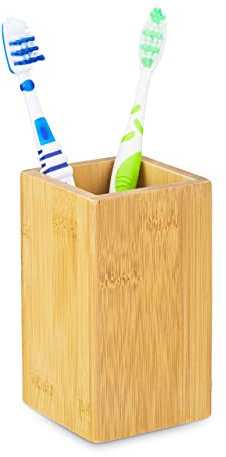 Relaxdays Vaso Cepillos Dientes, Cuadrado, Bambú Natural, Portacepillos Baño, Recubierto PU, 11 x 6,5 x 6,5 cm, Natural