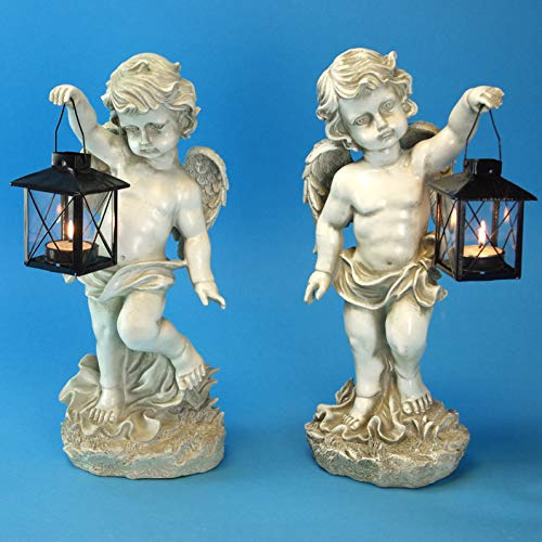 GeKi Trend Lot de 2 figurines d'ange avec lanterne Décoration de jardin résistante au gel Blanc antique Décoration de tombe Ange tombale Résistant aux intempéries 38 cm