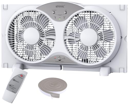 shinic Window Fan with Reversible Airflow Quiet, Twin 9 Blades, Full Remote Control, 3 Functions-3 Speeds, Bathroom Kitchen Window Exhaust Fan, Width Adjustable (From 23.5 to 37) ETL Certified
