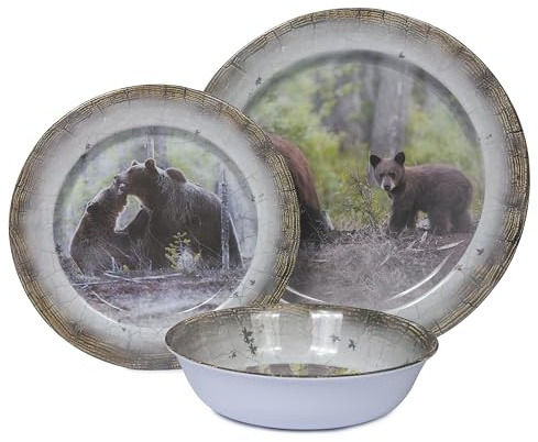 Melamine Dinnerware set for 4 - Dinner Plates Bowls Set 12 PCS Durable BPA Free Dishwasher Safe Shatter-Proof Chip Resistant for Indoor Outdoor,Bear
