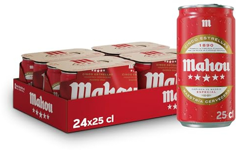 Mahou 5 Estrellas, Cerveza Lager Dorada, Pack 24 Latas x 25cl