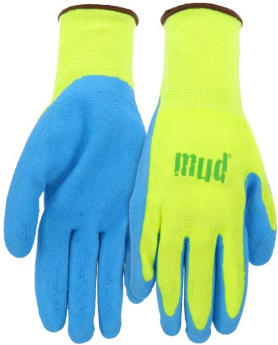 MUD Super Grip Latex Coated Palm Garden Work Gloves, Water Resistant, Polyester Knit Shell, Elastic Knit Wrist, Lime Green/Blue, Small (SM7187G/S)