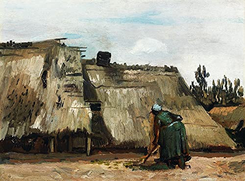 Feeling at home LEINWANDDRUCK im SCHATTENFUGENRAHMEN Eine bäuerliche Frau, die vor ihrem Häuschen (c1885) gräbt VanGogh Vincent - Figurativ horizontal Kunstbilder im Holzrahmen cm_63_X_85