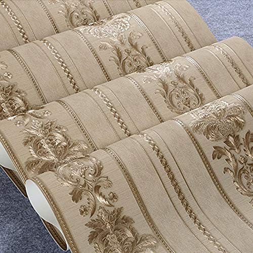 Beige-grå lyxig glitter guld blommig damast självhäftande tapet texturerad gul vinyl damast rand tapet rulle vardagsrum sovrum tapet (färg: WP40967, mått: 10 m x 53 cm)
