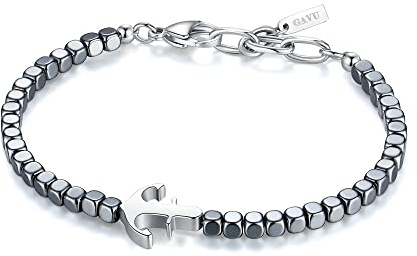 GAVU Pulsera para Hombre con Cuentas de Hematita y Dije de Ancla de Acero Inoxidable, Pulsera Verano Hombre
