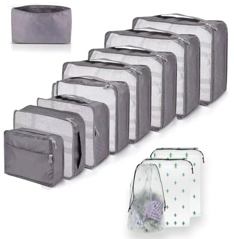 12 PCS Large Packing Cubes for Suitcases Various Sizes Suitcase Organiser Bags Lightweight Waterproof Luggage Organiser Bags (12Pcs Gray)