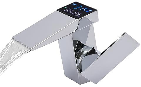 JAYEUW durchlauferhitzer Waschtischarmatur Wasserfall Waschtischarmatur elektrischer wasserhahnBad mit Temperaturanzeige (Silber)