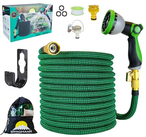 Bergmann® Premium Gartenschlauch Flexible - Flexibler Schlauch mit 10 Funktion Spritze Flexschlauch mit Wandhalterung 3/4 1/2 Zoll Anschluss 3-Fach Latexkern (Grün-30m)