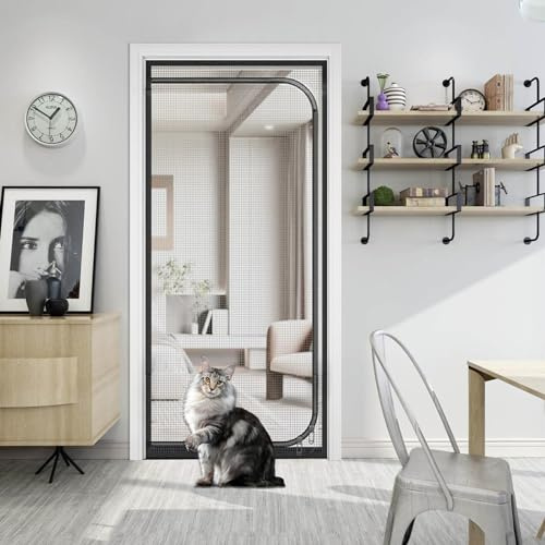 katzengitter balkontür, Verdickte Hund Katze Gittertür mit Reißverschluss, Türnetz Verhindern die Katze herausläuft, Katzenschutzgitter für Wohnzimmer, Schlafzimmer (Schwarz, 90 * 200cm)