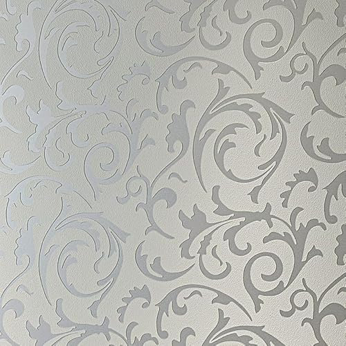 Camiraft Silver Grey Leaf Pattern Wallpaper Baroque Ornament Wall Wallpaper Glitter Retro 3D Effect Wallpaper Non-Woven 3D Embossed Wallpaper Roll Glitter Effect for Livingroom Bedroom