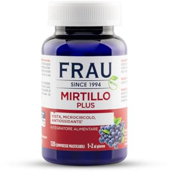FRAU Mirtillo Plus 120 Compresse da 600 mg, Integratore Alimentare Mirtillo, Estratto di Mirtillo Nero Bacche, Integratore Vista, Microcircolo, Proprietà Antiossidanti, Senza Glutine, Senza Lattosio