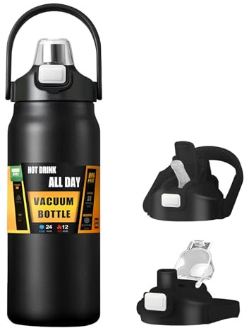 Borraccia termica da 1,5 l con cannuccia e manico - Borracce in acciaio inox a doppia parete con isolamento sottovuoto, mantiene l'acqua fredda e calda per sport, palestra, arrampicata (Nero)