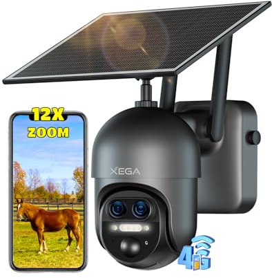 Xega 4G LTE 12X Zoom Ibrido Telecamera Esterno con SIM Scheda,2K HD PTZ Doppio Obiettivo Telecamere Senza Fili con Pannello Solare 10400mAh Batterie,30m Visione Notturna,AI Détection Humaine,TF/Cloud