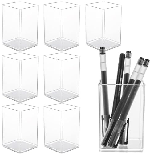 LOLYSIC 8 Pack Clear Pen Pots Acrylic Pen Holder Square Pencil Holders Desktop Pencil Pot Organisers for Office Classroom Home Supplies
