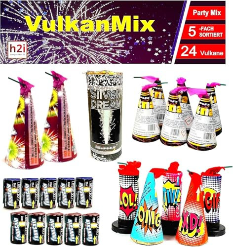 h2i Vulkan Mix | 24 St. | 5fach Sortiert | Outdoor Vulkan Mix für Silvester, Halloween & Partys | Kinder & Jugendfeuerwerk | f | Ganzjahresfeuerwerk Kat 1