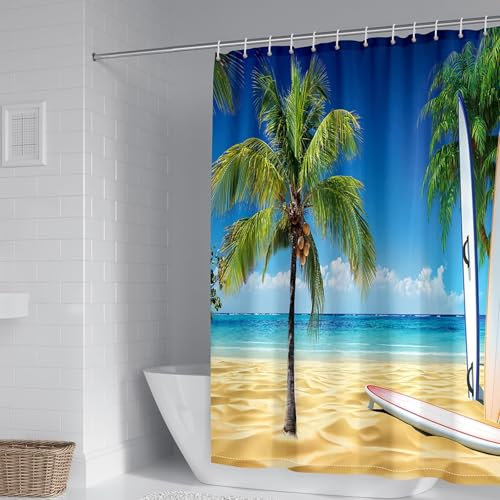 Epinki Duschvorhang Eckdusche Kokosnuss Baum Strand, Polyester Badewanne Vorhang Blau Grün Beige, Badezimmervorhang mit Duschvorhangringen, 300x200cm