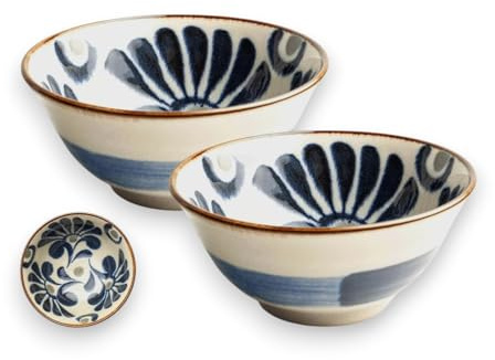 Japan-skålar ASIATICA | Ramen skålskålar av porslin 15 cm | Högkvalitativ asiatisk skål för ris, nudlar, tapas, Udon, müsli – soppskål med japansk design (set om 2, hinagiku, blå)