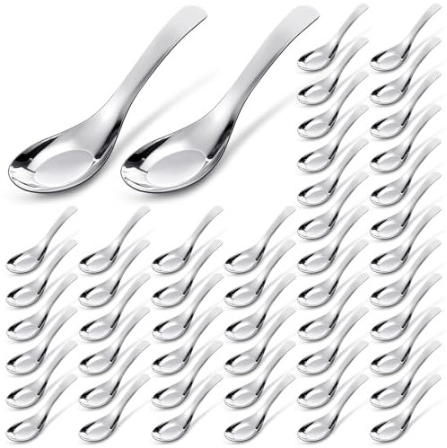 Tioncy 50 Pcs Stainless Steel Soup Spoons Asian Soup Spoons Chinese Heavy-weight Round Mirror Polished Silver Ramen Tablespoons for Bouillon Dessert Cereal Ramen Dumpling Noodles Pho Wonton