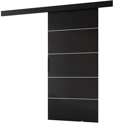 MINIO go for it - Schiebetüren, Schiebetür Zimmertür PRIM B, Schiebetürsystem für Zimmer, Dekorative Streifen, Wandmontage, Türe Innen - Silber/Schwarzer Griff (Schwarz, 96 x 205 x 1,6 cm)