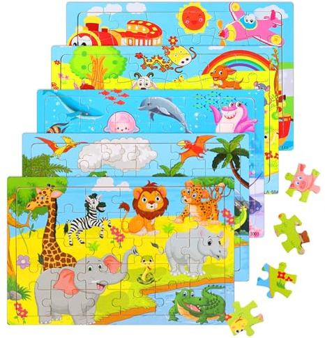 RYAN Holzpuzzle Kinder 5x30 Teilen Puzzle Kinder ab 3 Kinderpuzzle Jahre Bauernhof Unterwassertiere Holzpuzzle für ab 3 Jahren Und Alter Jungen und Mädchen