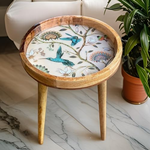 Hartsmede Mango Wood Side Table 13 – Marrakesh Handmade Eco-Friendly Boho Accent with Resin-Coated Enamel Top, Detachable Legs, Small Round End or Bedside Table (Hummingbird, 16)