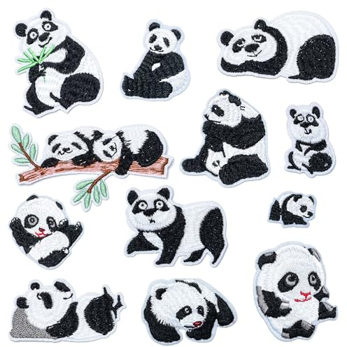 Woohome 12 Stück Applikationen Patches zum Aufbügeln, Panda Aufnäher zum Aufbügeln Nähen Abzeichen für DIY T-Shirt Jeans Kleidung