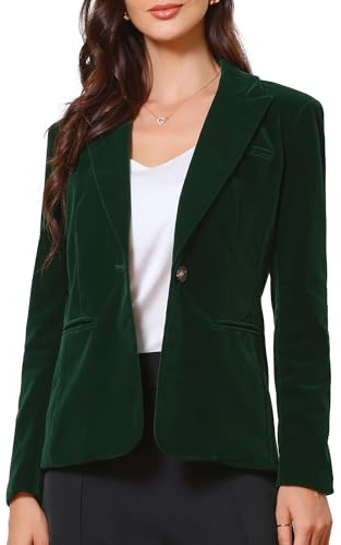 Allegra K Blazer de terciopelo para mujer, manga larga, solapa con muesca, botones, vintage, para el trabajo, la oficina, con bolsillos, verde oscuro, M