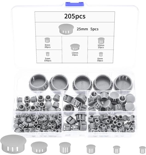 205 STK Bohrloch Abdeckkappen für Bohrlöcher, graue Kunststoff Lochstopfen, Möbel Blindstopfen Abdeckstopfen Kunststoff Plattenlochstopfen, Rohr Lochstopfen, 5mm/6mm/8mm/10mm/13mm/25mm
