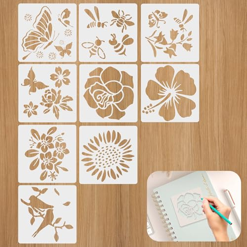 9 Reusable Flower Stencils, Butterfly, Bee and Bird DIY Templates | Cake stencils and stencils for painting on wood, fabric and paper, with reusable designs for scrapbooks and DIY crafts.