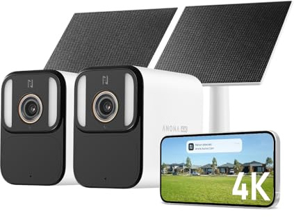 Anona Aurora 4K Solar Überwachungskamera Aussen 2-Pack + Solarpanel | WLAN Kamera Outdoor, 8MP Farb-Nachtsicht, 24/7 Aufzeichnung, KI-Erkennung | Keine Abokosten, 2er-Pack