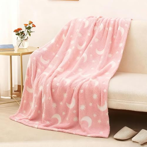 Copbopwn Glow in The Dark Blanket 120X150CM Soft Flannel Fleece Blanket Purple Unicorn Pink Star Moon All Season Blankets for Kids Soft Warm Fleece Material Bed Throw for Boys Girls (pink)