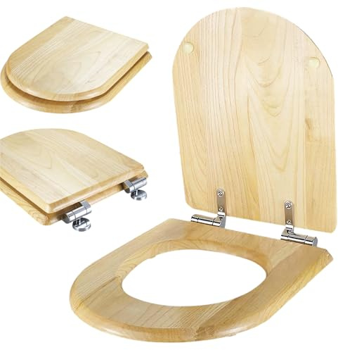 WC-Deckel aus Holz mit Absenkautomatik, D-förmiger WC-Sitz, einfache Montage(Von unten installieren), passend für die meisten WCs, Tragkraft bis 150 kg (Klein)