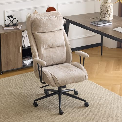 Bonnlo Executive Ergonomic Fabric Office Chair with Recline, High-Back Desk Chair with Adjustable Base & Padded Back, Comfy Chair for Game, Home Small Space, Study Room, Office Chenille Khaki