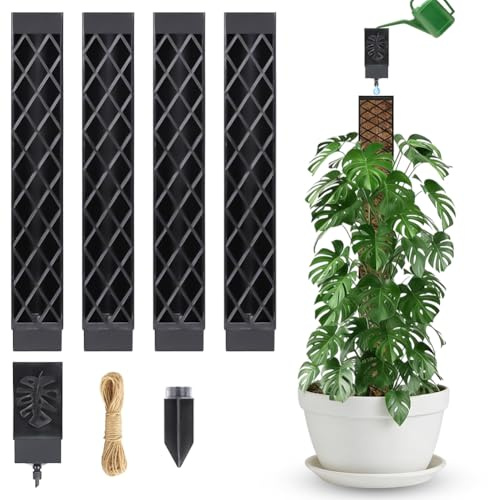 Mossstav för Monstera växtstöd, 4 st planteringspinne Monstera 25 cm med 1 vattenhjälp, krukväxter stöd för klätterväxter som murgröna, ranka, spö spaljé med självbevattning för trädgårdsplantering