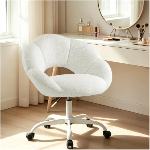 SUPPNEED Schreibtischstuhl, Home-Office Chair, Drehstuhl Bürostuhl Höhenverstellbar, Schminktisch Stuhl in Blumenform, Teddy Desk Chair, Schminkstuhl mit Rollen für Schlafzimmer (Beige, Teddyplüsch)