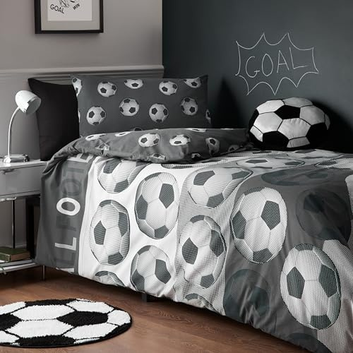 Catherine Lansfield Football Reversible Double Duvet Cover Set with Pillowcases Grey