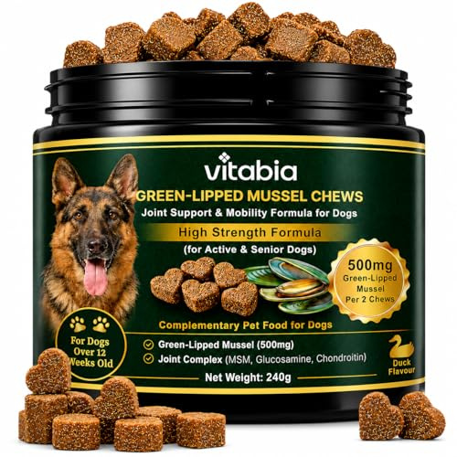VITABIA Green Lipped Mussel Chews for Dogs 240g | 500mg New Zealand Green-Lipped Mussel | 10-in-1 Joint Support Supplement with MSM, Glucosamine, Chondroitin, Turmeric & Boswellia | Duck Flavour