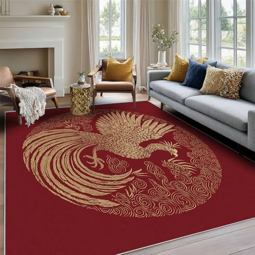 Generisch Wohnzimmer Teppich Chinesisch Phönix 160x230, Orientalisch Rot Muster Deko Teppich Schlafzimmer, Waschbar & rutschfest Teppiche, Weicher Kurzflor, Groß BV12