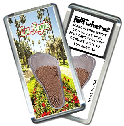 Los Angeles FootWhere Fridge Magnet (LA206 - Palm Lane). Authentic destination souvenir acknowledging where you've set foot. Genuine soil of featured location encased inside foot cavity. Made in USA