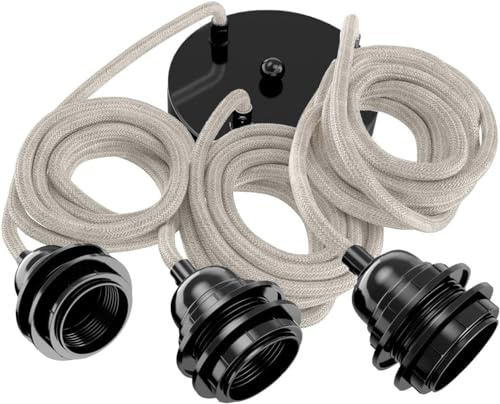 Hoopzi Hang Suspension Luminaire 3 Ampoules Câble en Lin 2,5m | Douille E27 en Bakelite, Pavillon en Acier, Compatible DCL, Chambre, Salon, Cuisine, Couleur Lin Naturel