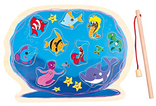 Bino World of Toys Puzzle Angelspiel mit Angel, Spielzeug für Kinder ab 2 Jahre (Holzspielzeug, 11 Teile, Steckpuzzle zum Erlernen kindlicher Fähigkeiten, Mehrfarbig
