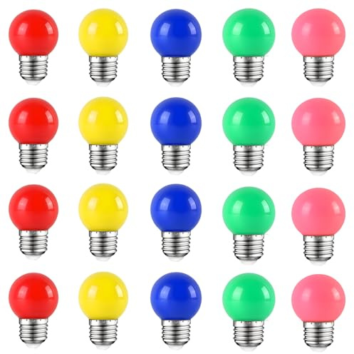 HUAMu 20er Set E27 Bunte Glühbirnen, LED Leuchtmittel G45 Golf Kugel 2W, Gemischte Farben, für Weihnachten Baum, Party Nachtlichter